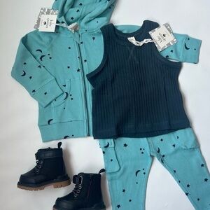 12-18m NWT Kate Quinn 3-Piece Baby Outfit + Boots Size 2 – Blue Stars & Moon
